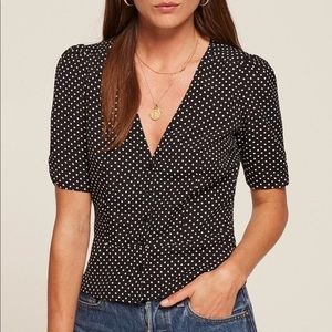 Reformation polka dot shirt sleeve blouse top